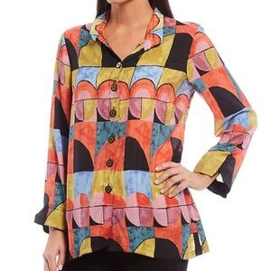 John Mark Geometric Print Shirt Wired Collar Size M Pockets Funky Vacation
